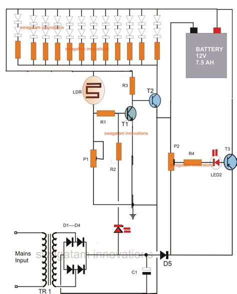 LED Emergency Light Circuit With Battery Over Charge Protection