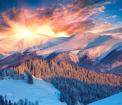 Colorful Winter Sunrise in the Mountains. Dramatic Sky. Stock Image ...