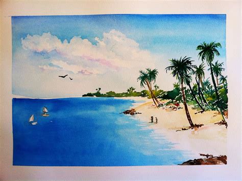 Tropical Beach Watercolor at PaintingValley.com | Explore collection of ...