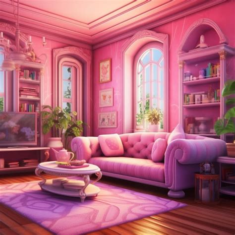 Premium Photo | Purple living room with a pink couch and a coffee table ...