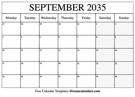 September 2035 Calendar - Free Printable with Holidays and Observances