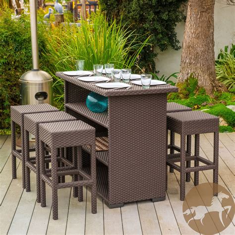 7 Piece Brown Wicker Bar Patio Set w/ Bar Stools