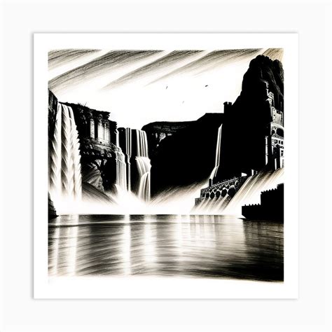 Black And White Drawing Of A Waterfall Art Print by Pinpin - Fy