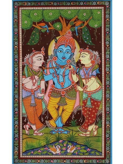 Lord Krishna with His Consorts Rukmini and Satyabhama | Pattachitra ...