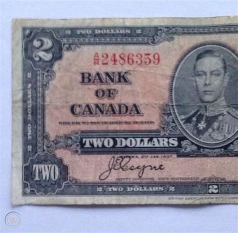 1937 Bank of Canada 2 Dollar Bill Coyne-Towers Old Note King George A/R ...