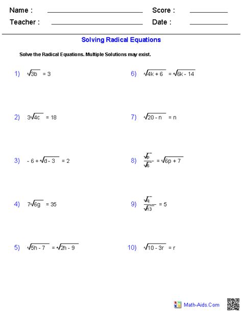 Algebra 1 Worksheets | Radical Expressions Worksheets | Radical ...