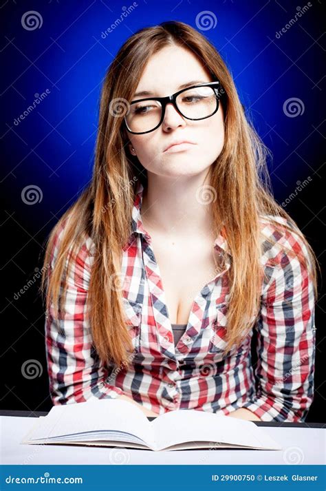 Sad Young Girl with Nerd Glasses and Open Exercise Book Stock Photo ...