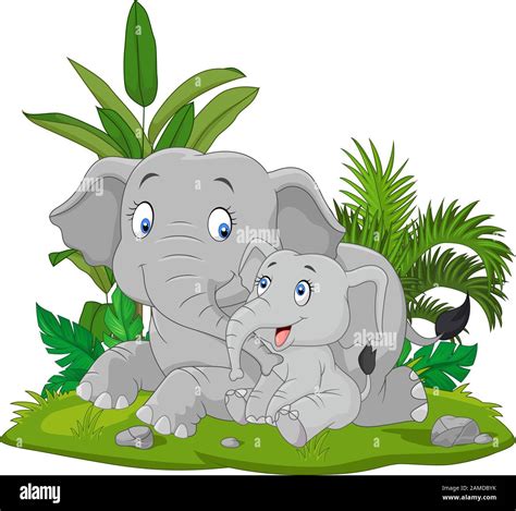 Cartoon Mother and baby elephant in the grass Stock Vector Image & Art ...