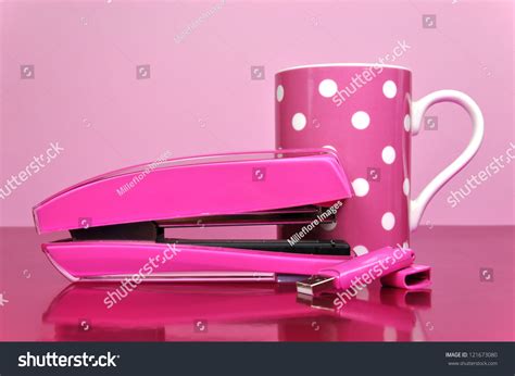 Pretty Pink Office Accessories, Stapler, Pen Drive, And Polka Dot Mug ...