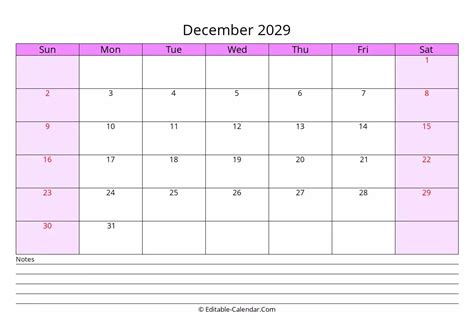 Download Free Editable Calendar December 2029 With Notes, weeks start ...