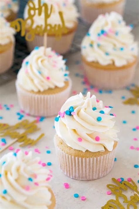 A sweet and simple recipe for Gender Reveal Cupcakes! Fill them with ...