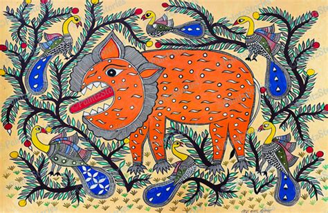 A lion and birds in the jungle I Madhubani Painting I Wall Decor I ...