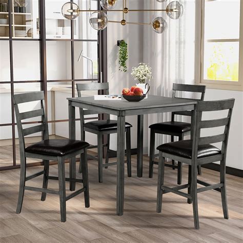 Hommoo Modern 5 Piece Dining Table Set, Wooden Square Counter Height ...