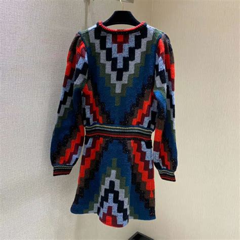 Gucci Women Multicolor Geometric Pattern Wool Knit Mini Dress-Blue - LULUX