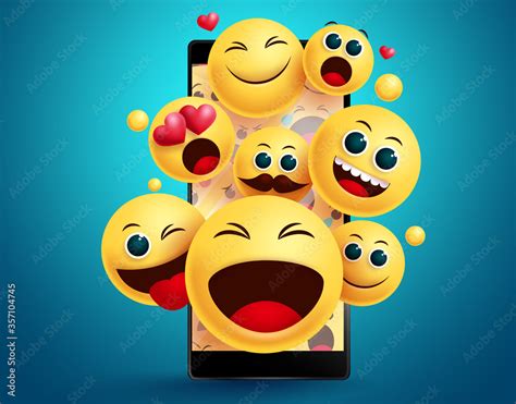 Emoji smileys in mobile phone vector concept. Smiley emojis yellow face ...