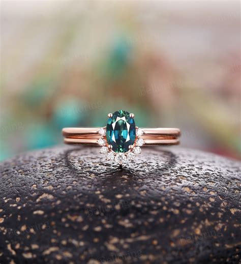 Vintage Oval Teal Sapphire Engagement Ring Set Unique Rose - Etsy