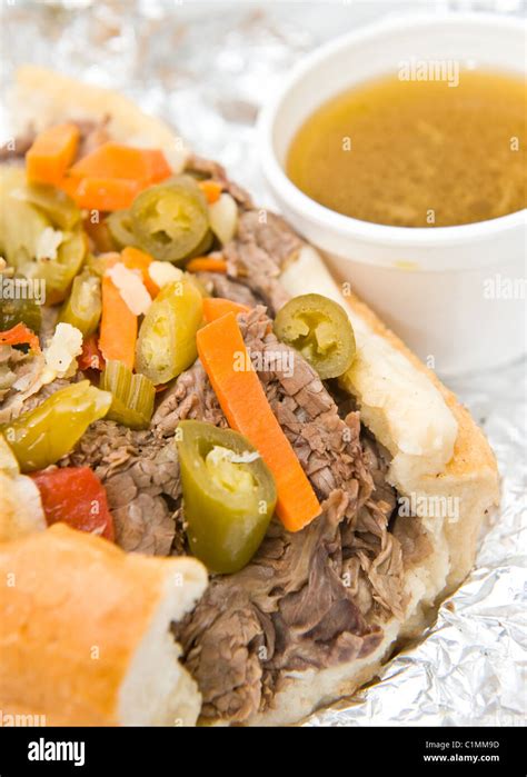 Chicago style Italian beef sandwich with giardiniera and dipping sauce ...