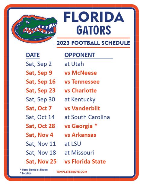 Printable 2023 Florida Gators Football Schedule