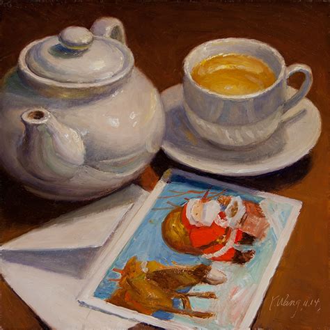 Wang Fine Art: tea teapot and postcard, oil painting original still ...