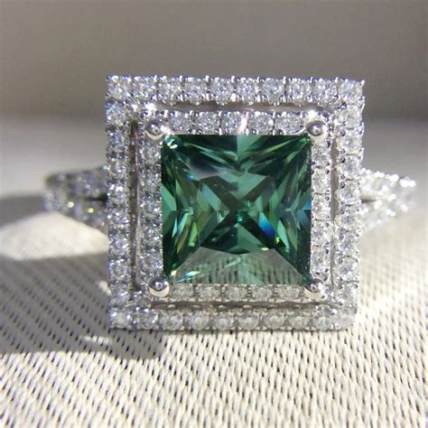 Princess Moissanite Engagement Ring 3 carat Green Moissanite Lab ...