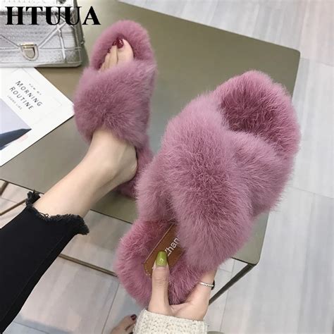 HTUUA Fashion Fluffy Fur Slippers Women Warm Plush Winter Slippers Flat ...