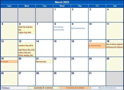 March 2023 Australia Calendar with Holidays for printing (image format)