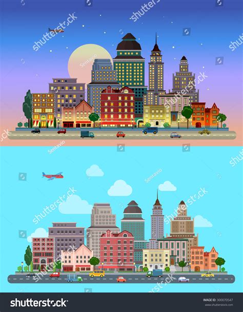 Flat Cartoon City Set Day Sunset Stock Vector (Royalty Free) 300070547 ...