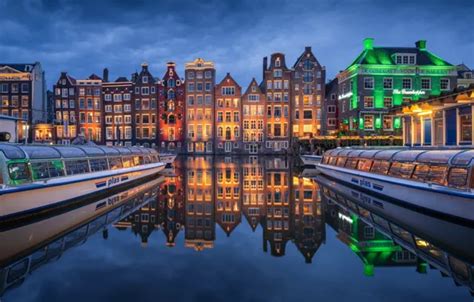 Wallpaper reflection, Amsterdam, ships, home, night city, Netherlands ...