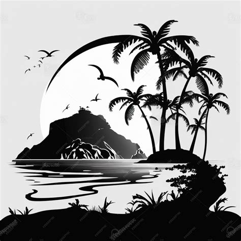 Premium Photo | A black and white silhouette of a tropical island with ...