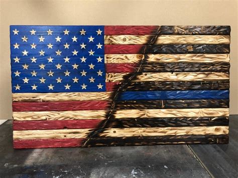 Thin Blue Line Wood Flag American Flag Rustic Chiseled - Etsy