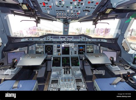 PARIS - JUN 18, 2015: Airbus A380 cockpit. The A380 is the largest ...