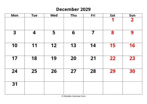 Download Large Font December 2029 Calendar Editable, Monday Start