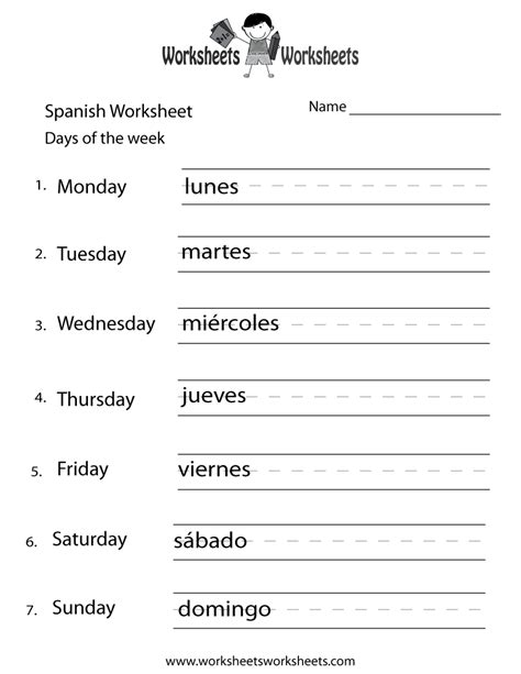 Free Printable Spanish Days of the Week Worksheet