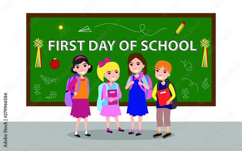 Cartoon kids with backpack in their First Day of School. Back to School ...