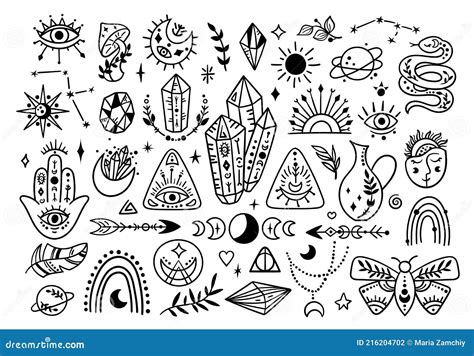 Boho Line Mystical Symbols - Crystals Moon Butterfly Set Stock Vector ...