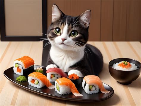 Premium AI Image | cute cat eating sushi in a Japanese restaurant