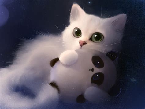 White Kitten, Cute, Big Eyes, Art Cat Wallpaper