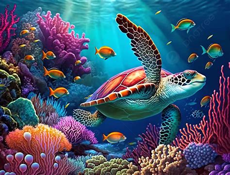 Coral Reef Sea Turtle Marine Life Beautiful Ocean Background, Ocean ...