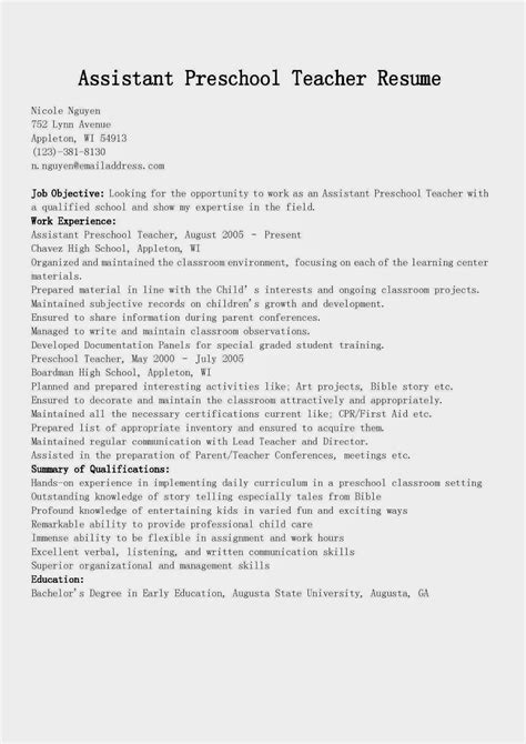 Resume Samples: Assistant Preschool Teacher Resume Sample