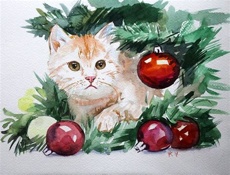 Adorable Christmas Watercolor Painting of a Kitten