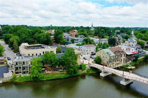 Aerial of Downtown Elora, Ontario, Canada Stock Photo - Image of ...