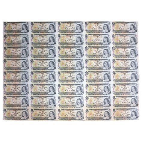 1973 Bank of Canada $1 Dollar Bill Multicoloured Series, Uncut Sheet (5 ...