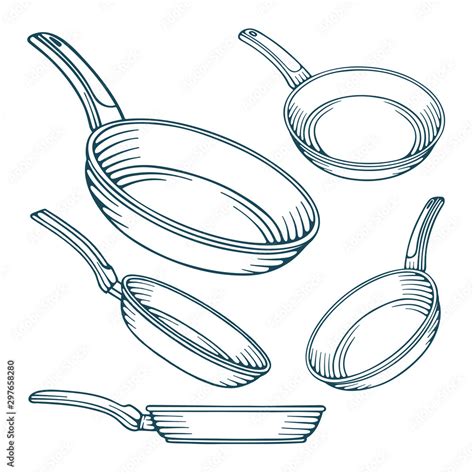 Frying pan. Frying pans hand drawn vector illustrations set. Frying ...