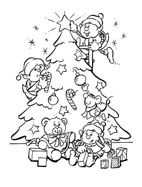 Christmas tree with elves - Christmas Coloring pages for kids to print ...