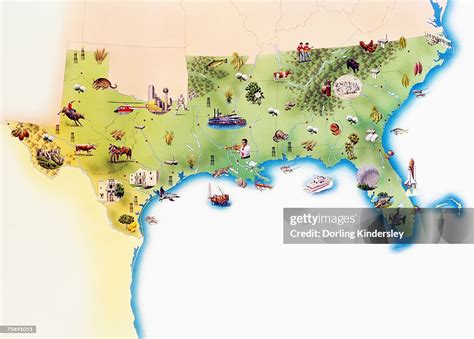 Map Of Southern United States Of America With Illustrations Of ...