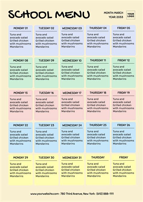 Editable School Lunch Menu Template in Blue, Yellow, and Pink