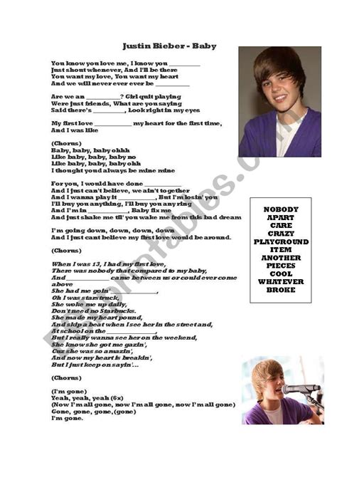 Baby Lyrics by Justin Bieber - ESL worksheet by jonnyc81