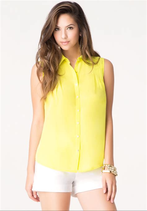 Lyst - Bebe Silk Shoulder Tuck Shirt in Yellow