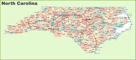 Road map of North Carolina with cities