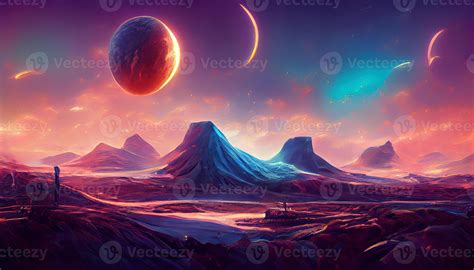 Futuristic fantasy landscape, sci-fi landscape with planet, neon light ...